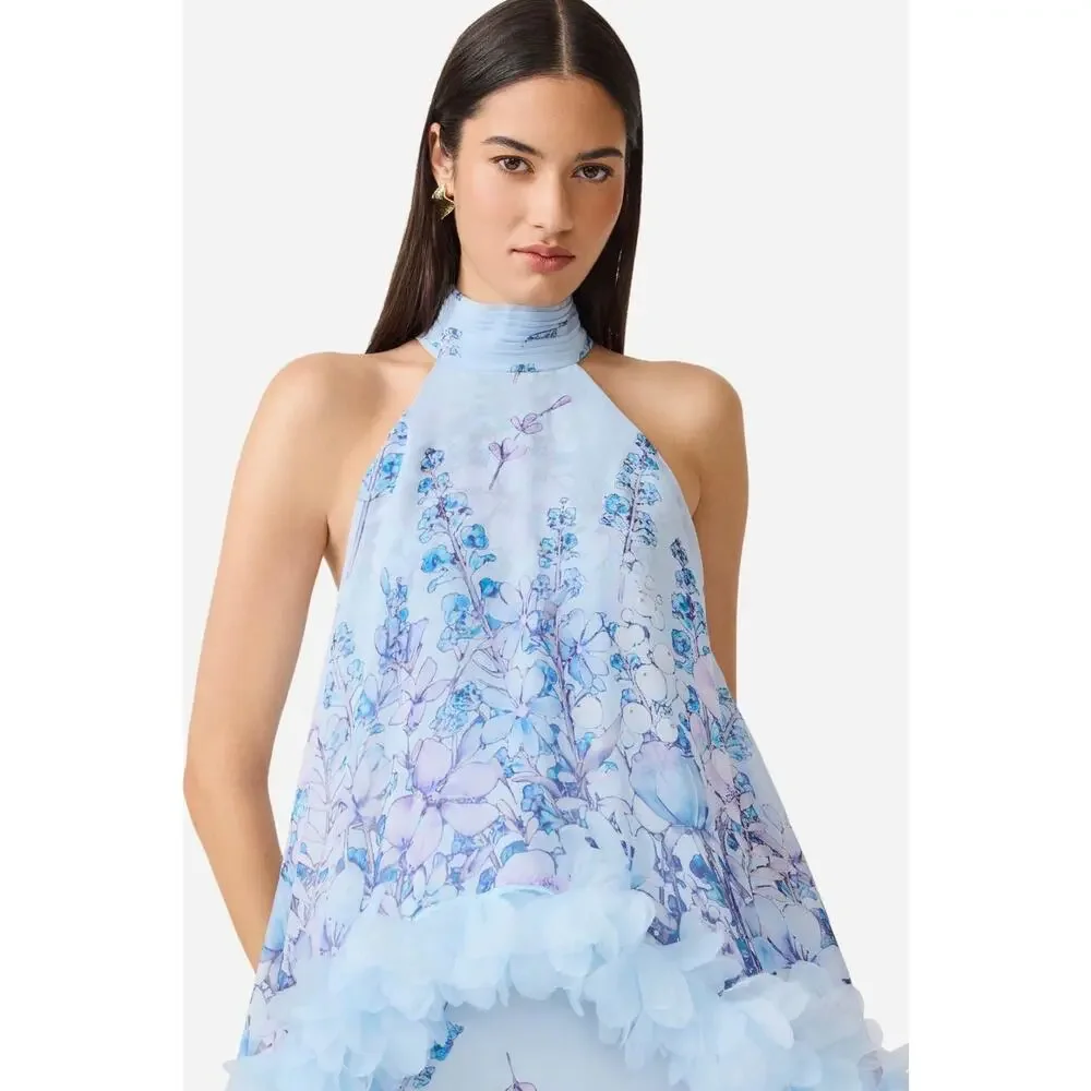 Elliatt Tulsia Floral Georgette Gown Light Blue Ruffle Halter Maxi Dress M